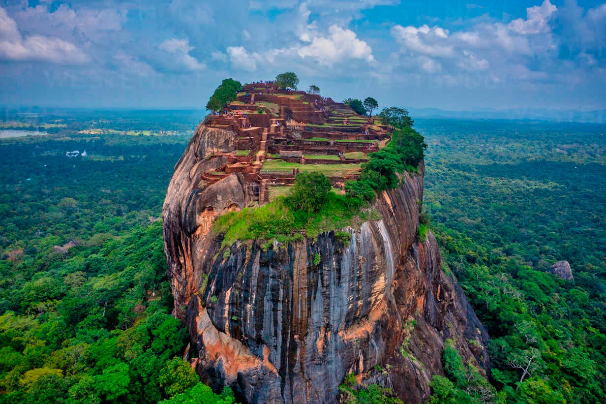 Aerial view of Sigiriya Lion's Rock, a rock fortress located in the northern Matale District, Dambulla, Sri Lanka.